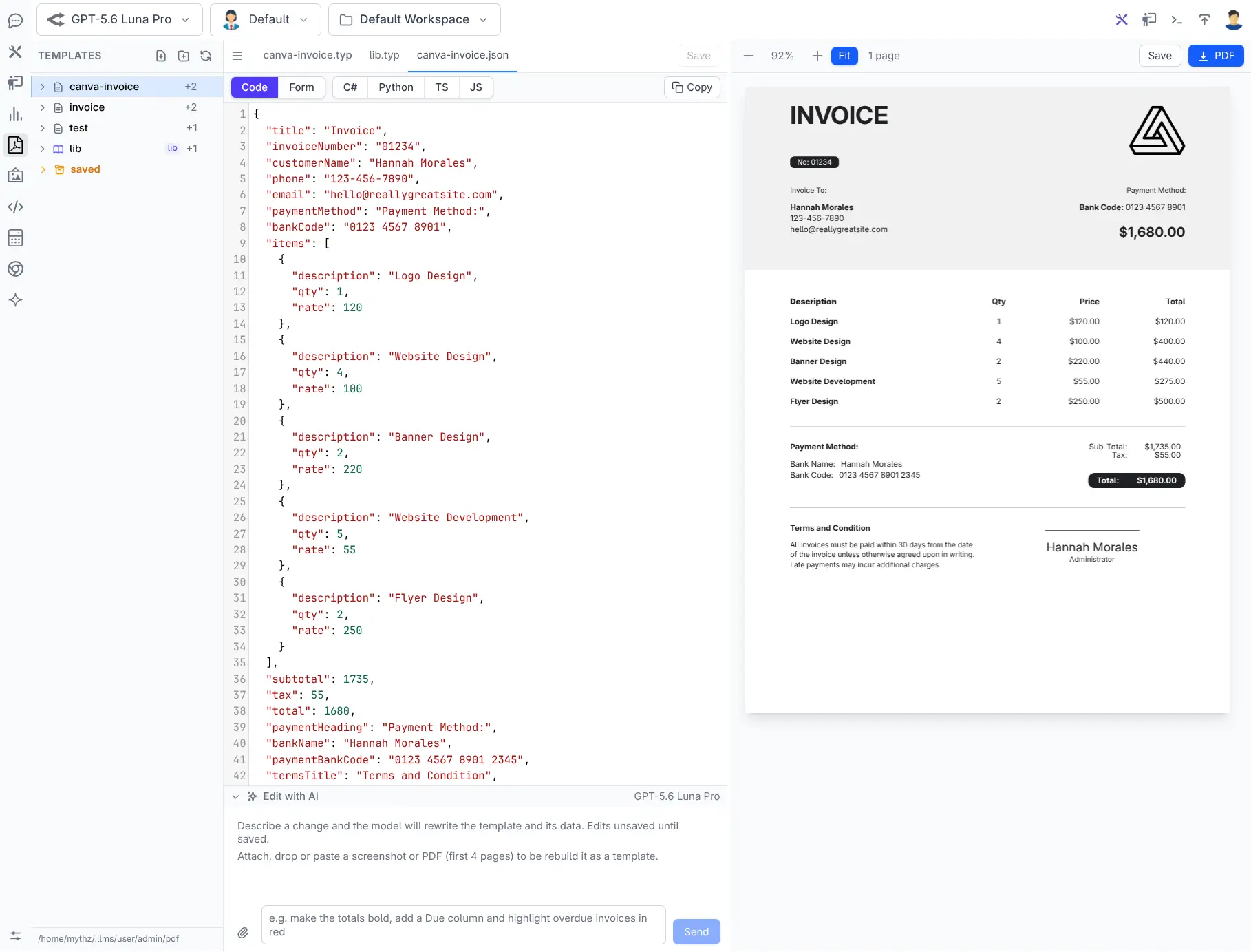 The same data edited as JSON