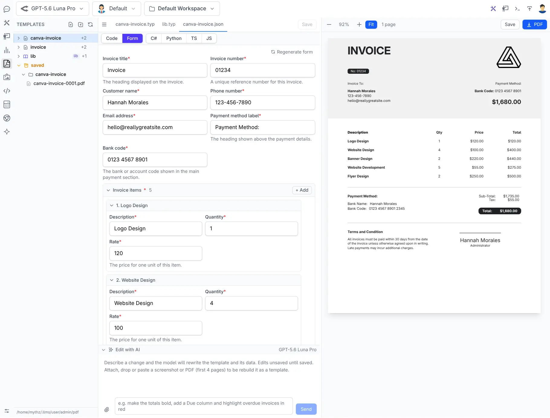 A template's data edited through a generated form