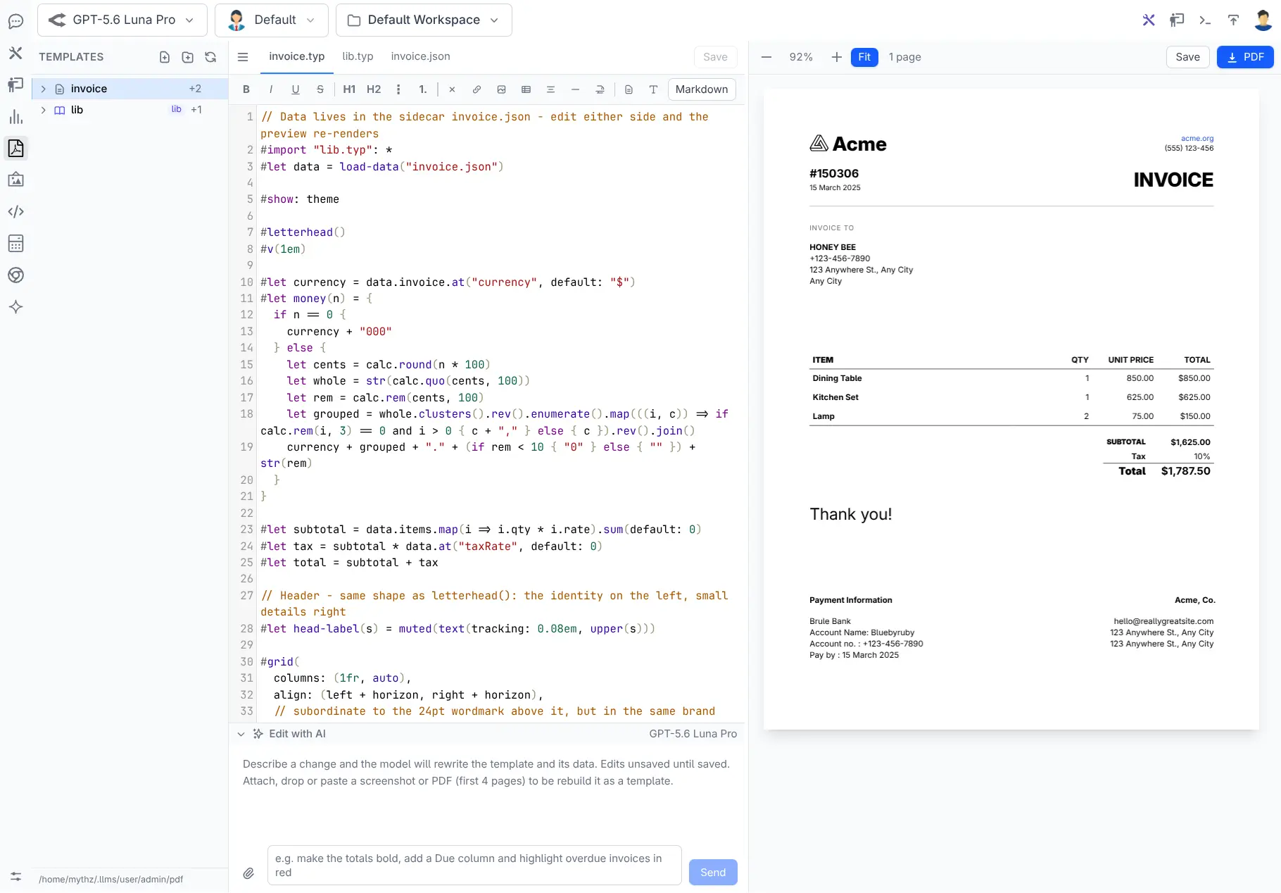 PDF Studio: file explorer, Typst template, live preview and AI prompt