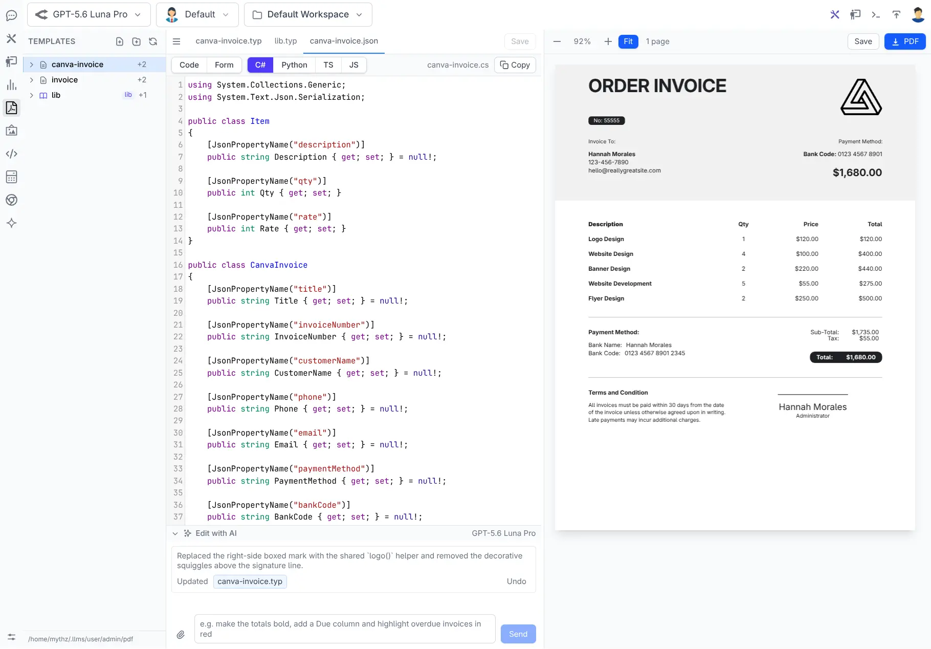 C# classes generated from a published template