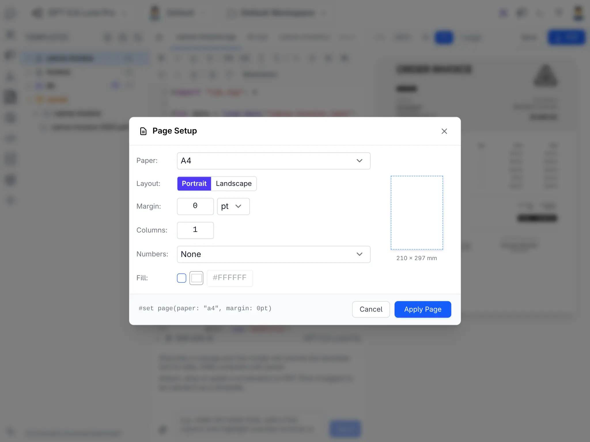 Page setup for size, orientation and margins