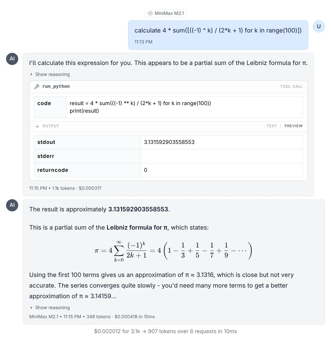 A model calling a tool and showing the result inline